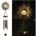Wrought iron and glass solar wind chime pendant with warm white LED, Moon Star or Sun style, 18x11x104cm