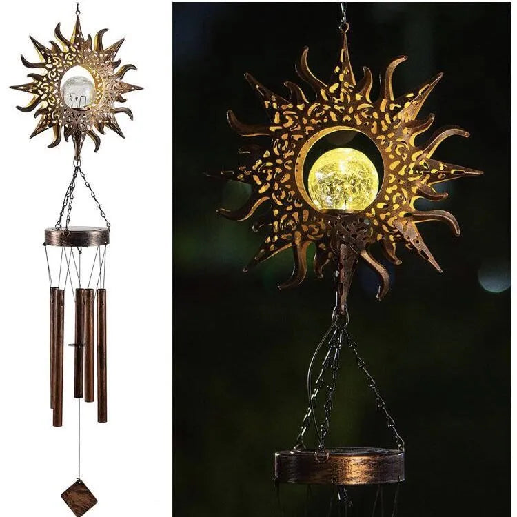 Wrought iron and glass solar wind chime pendant with warm white LED, Moon Star or Sun style, 18x11x104cm
