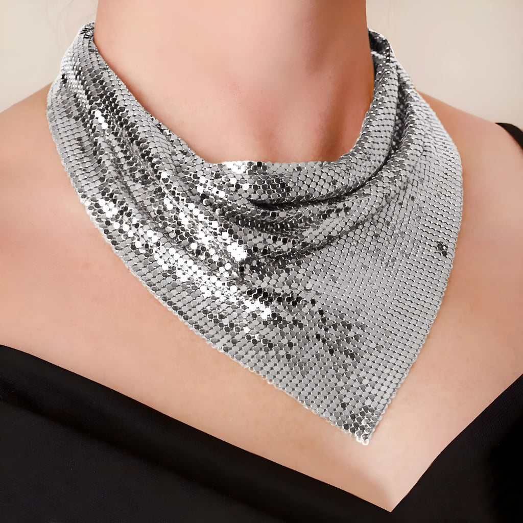 Metal sequins mesh scarf necklace in gold colour with chain-style design for women