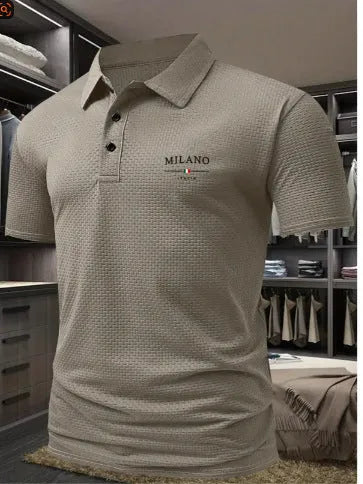 Men's loose fit printed lapel polo shirt in pinhole cloth fabric, shown in one of eleven available colours.