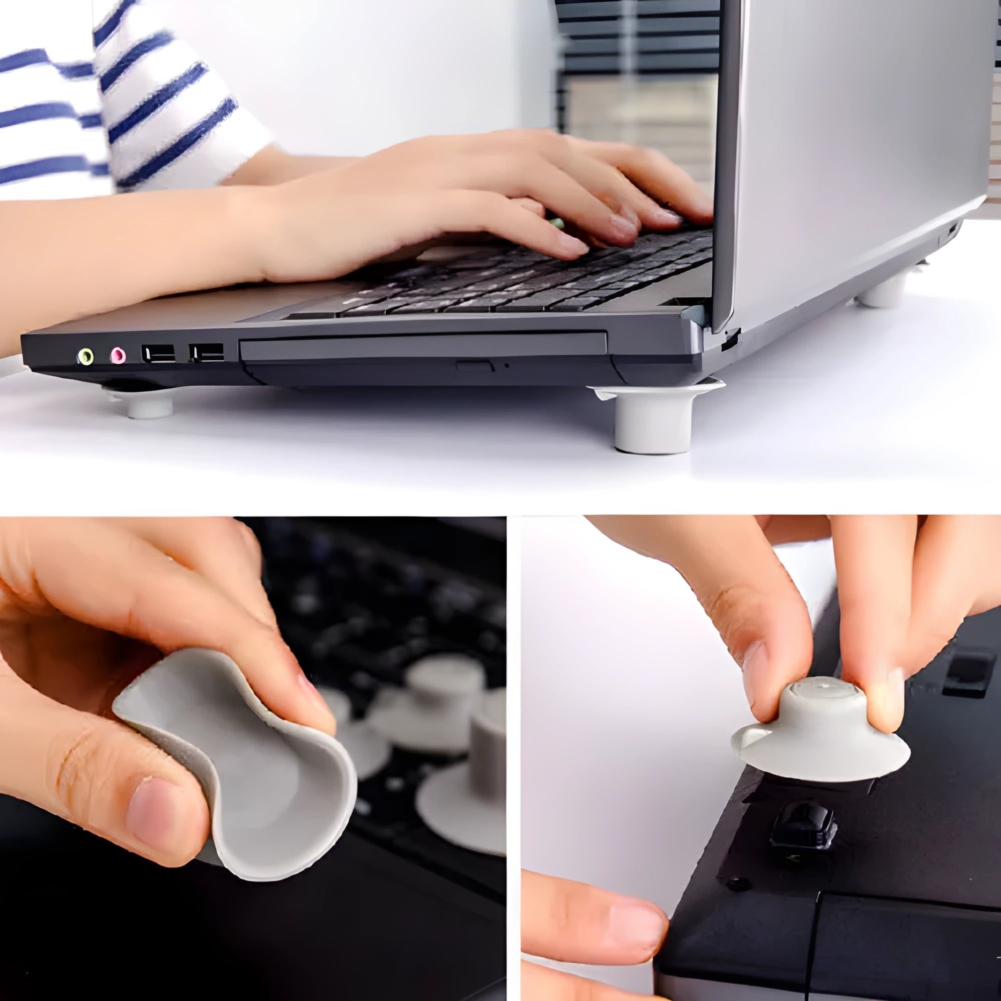 Set of four grey plastic laptop cooling pads with non-slip rubber feet, shown elevating a silver laptop.