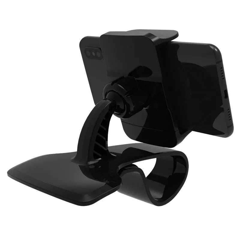 Dashboard car phone holder mounted on vehicle dashboard edge holding smartphone