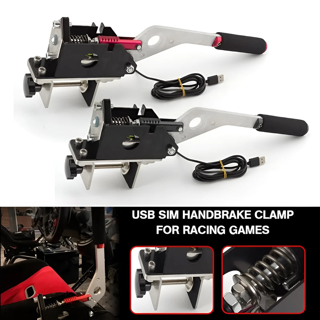 USB sim handbrake with red finish, Hall sensor, CNC aluminium body, and stainless steel mounting fixture