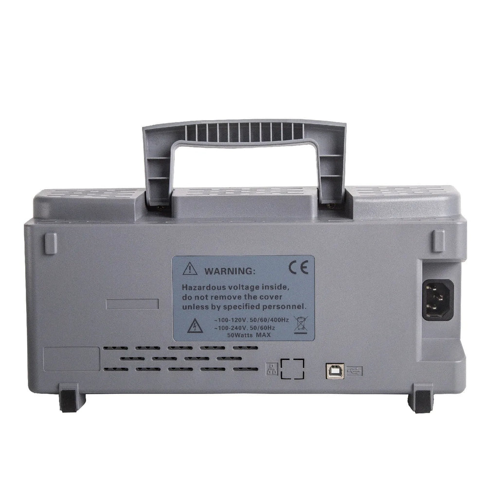DSO2D10 digital storage oscilloscope front panel with dual channel inputs and display showing waveform
