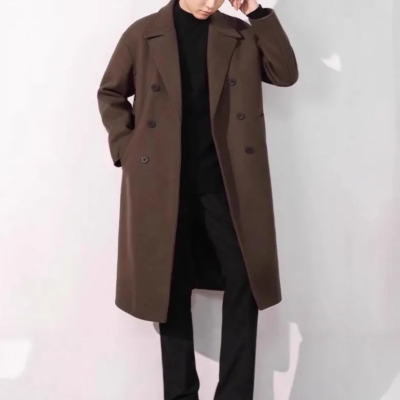 Men's thick loose wool overcoat in black, brown, and dark gray, polyester blend, sizes M-5XL