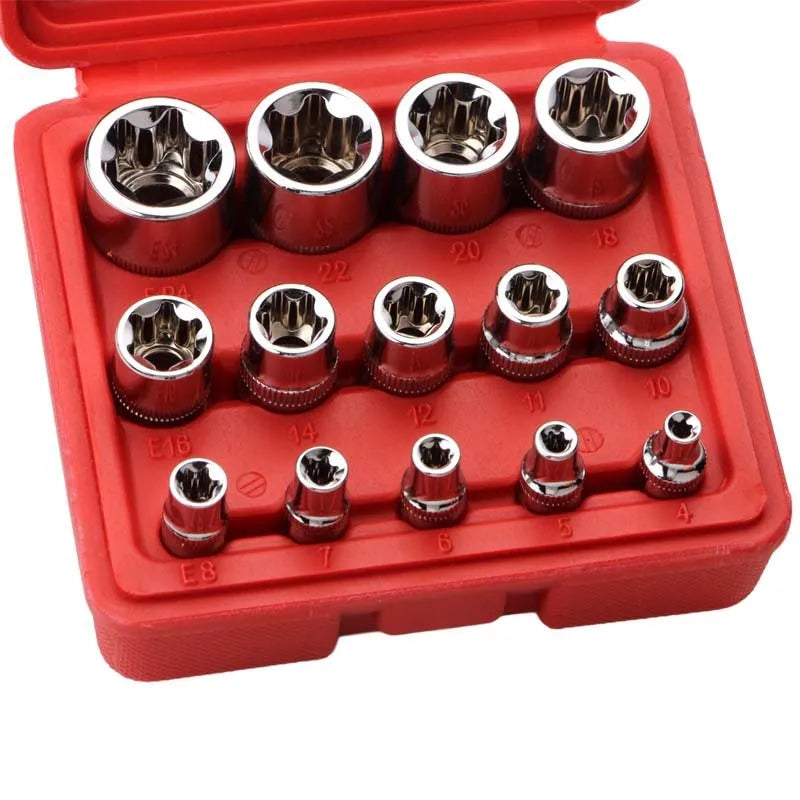 14-piece red E-type socket combination auto repair tool set in storage box