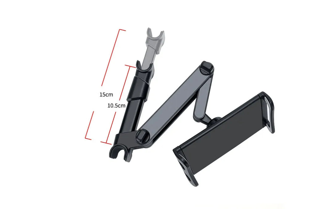 Black universal car phone holder mounted on rear seat base with tablet secured in clamp