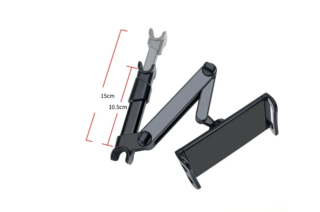 Black universal car phone holder mounted on rear seat base with tablet secured in clamp
