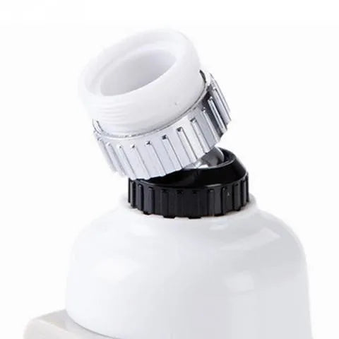 White and grey ABS faucet booster shower attachment with 3-mode spray and 360-degree rotation on round kitchen tap