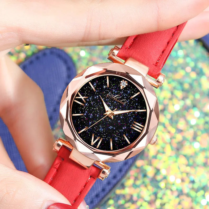 women's frost leather strap quartz wristwatch starry sky dial Roman numerals rhinestones round case