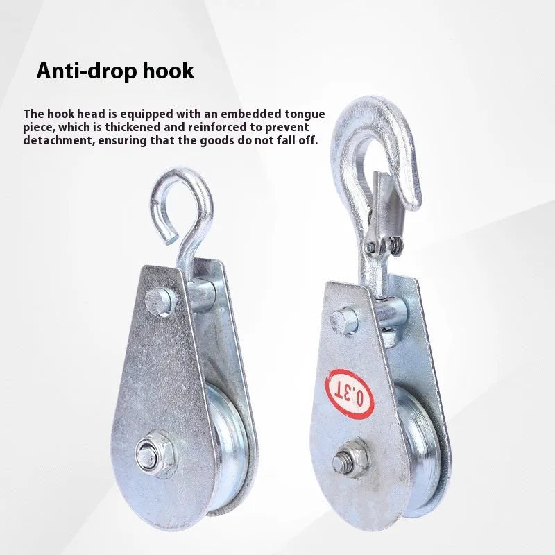 Red industrial forged steel lifting pulley with safety latch on hook for general load lifting.