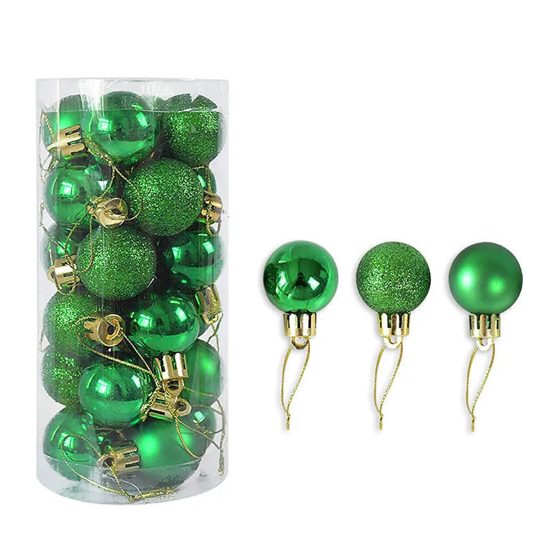 Assortment of 3cm diameter shiny and matte Christmas decoration balls in red, gold, blue, and silver colours.