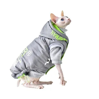 Space Grey hairless cat winter coat with windproof TP polyester outer and cotton lining, sizes S-XXL