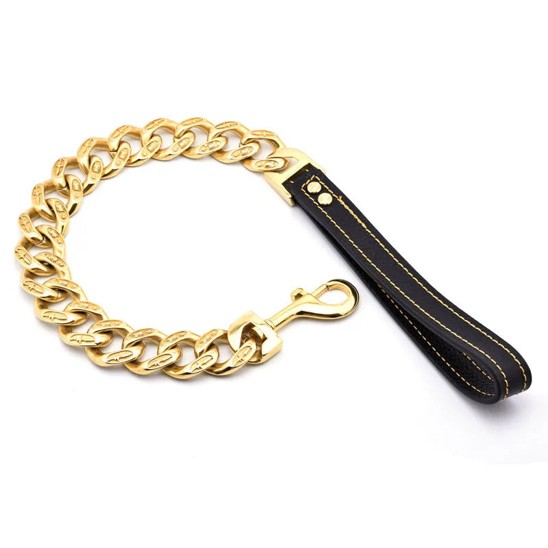 32mm stainless steel dog chain leash in gold or white, available in 70cm to 100cm lengths