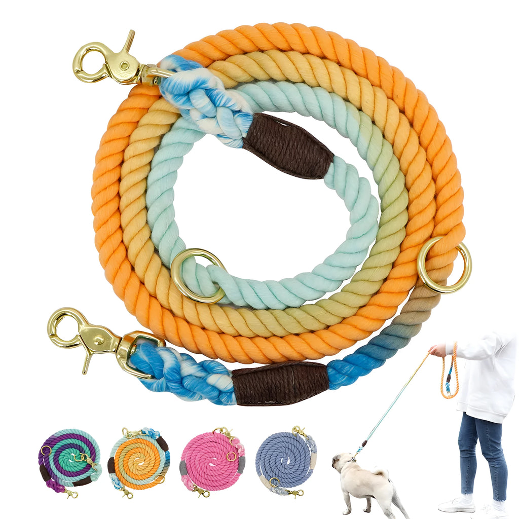 Gradient colour dog collar and leash set 180cm nylon rope metal chain pink