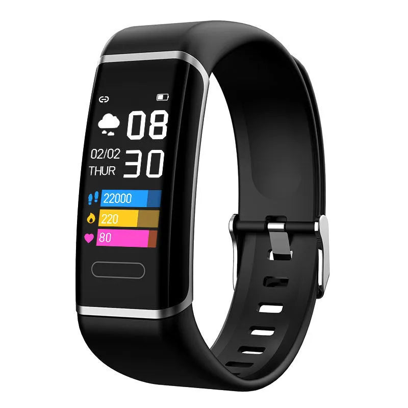 CT6 Smart Motion Meter Step Color Screen Bracelet in Black on wrist showing heart rate display