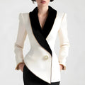 Women's beige long sleeve coat with golden pearl buttons and irregular hemline