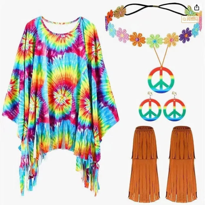 Tie dye pattern cloak costume with wide bell sleeves and irregular hemline, shown in rainbow colours.