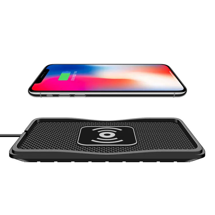 Black anti-slip car wireless charger compatible with Apple iPhone, 175x93x14mm, placed on car dashboard