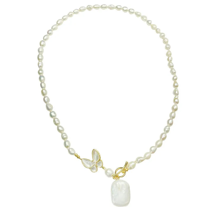 Women's fashion OL butterfly pearl necklace with U-shaped pearl chain in pearl white, 50cm circumference