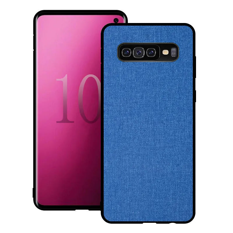 Canvas patterned mobile phone case for Samsung Galaxy models on a table.
