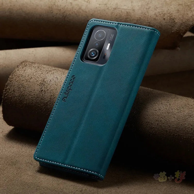 Frosted vintage flip leather phone case for Xiaomi 14 in black with front cover open