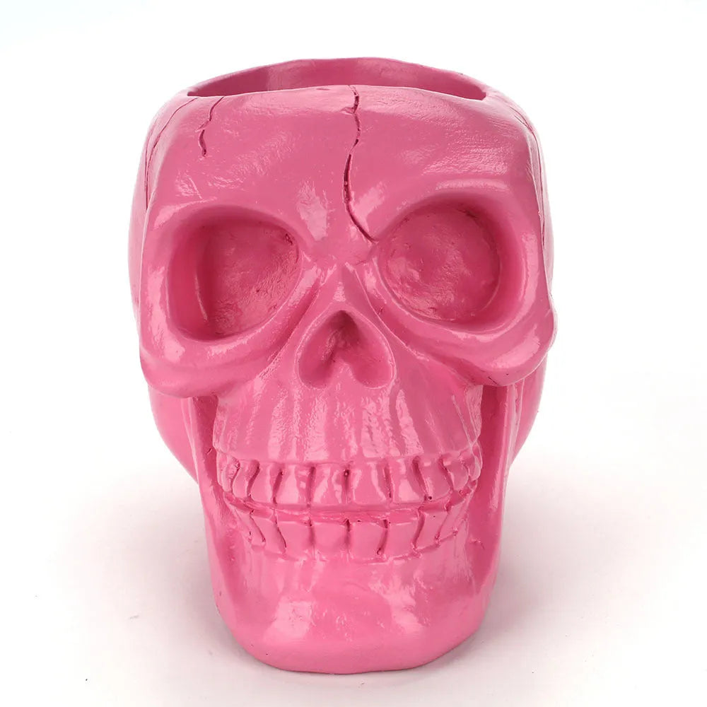Resin skull head storage tube in black with 350ml capacity for stationery and beauty tools