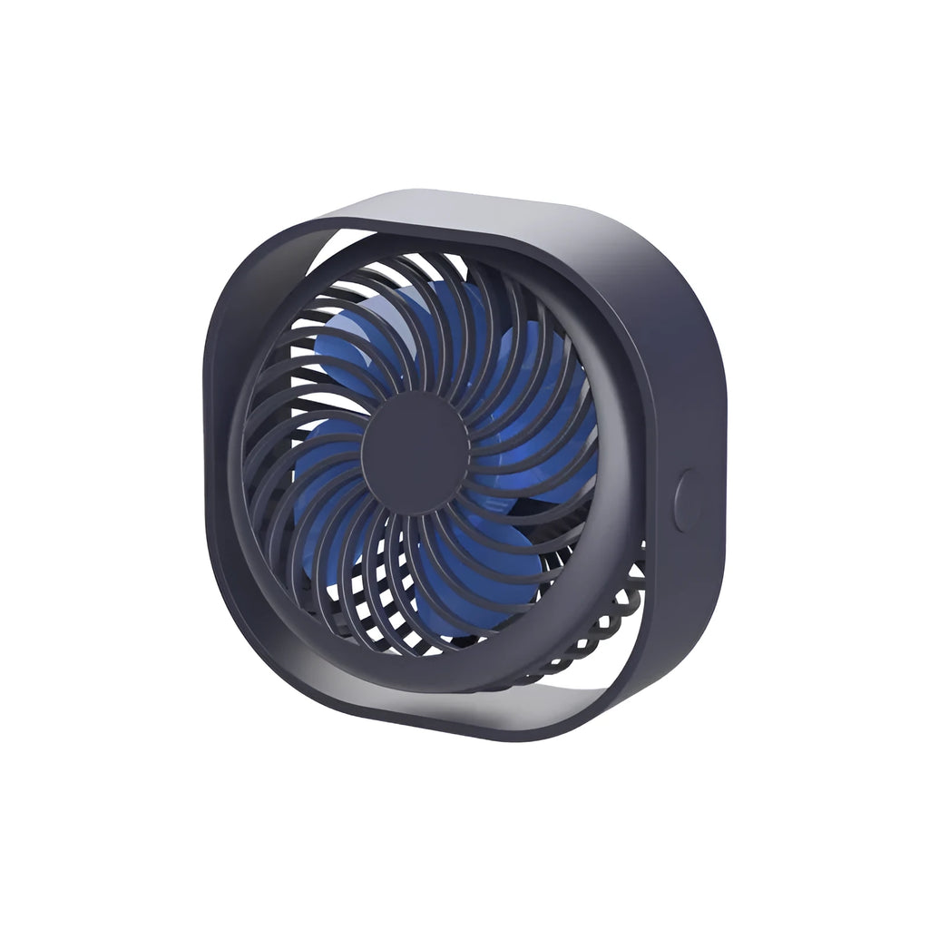Pink USB rechargeable desk fan with rotating head on a wooden desk.