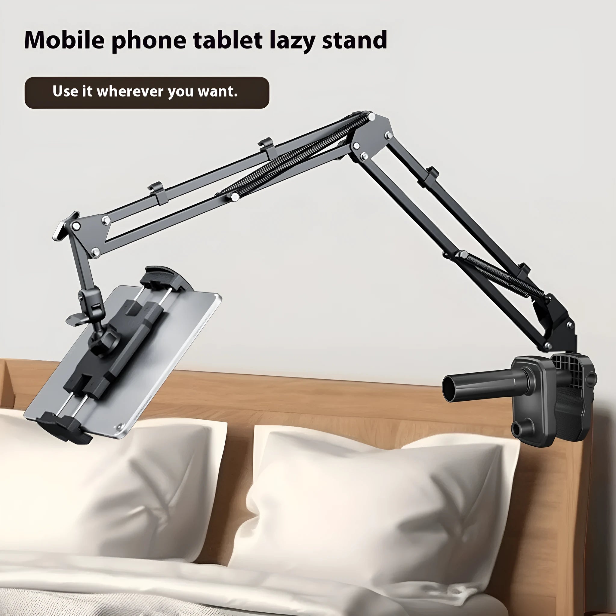 Metal cantilever bracket bedside table with four clips holding a mobile phone, standard J2N2 version