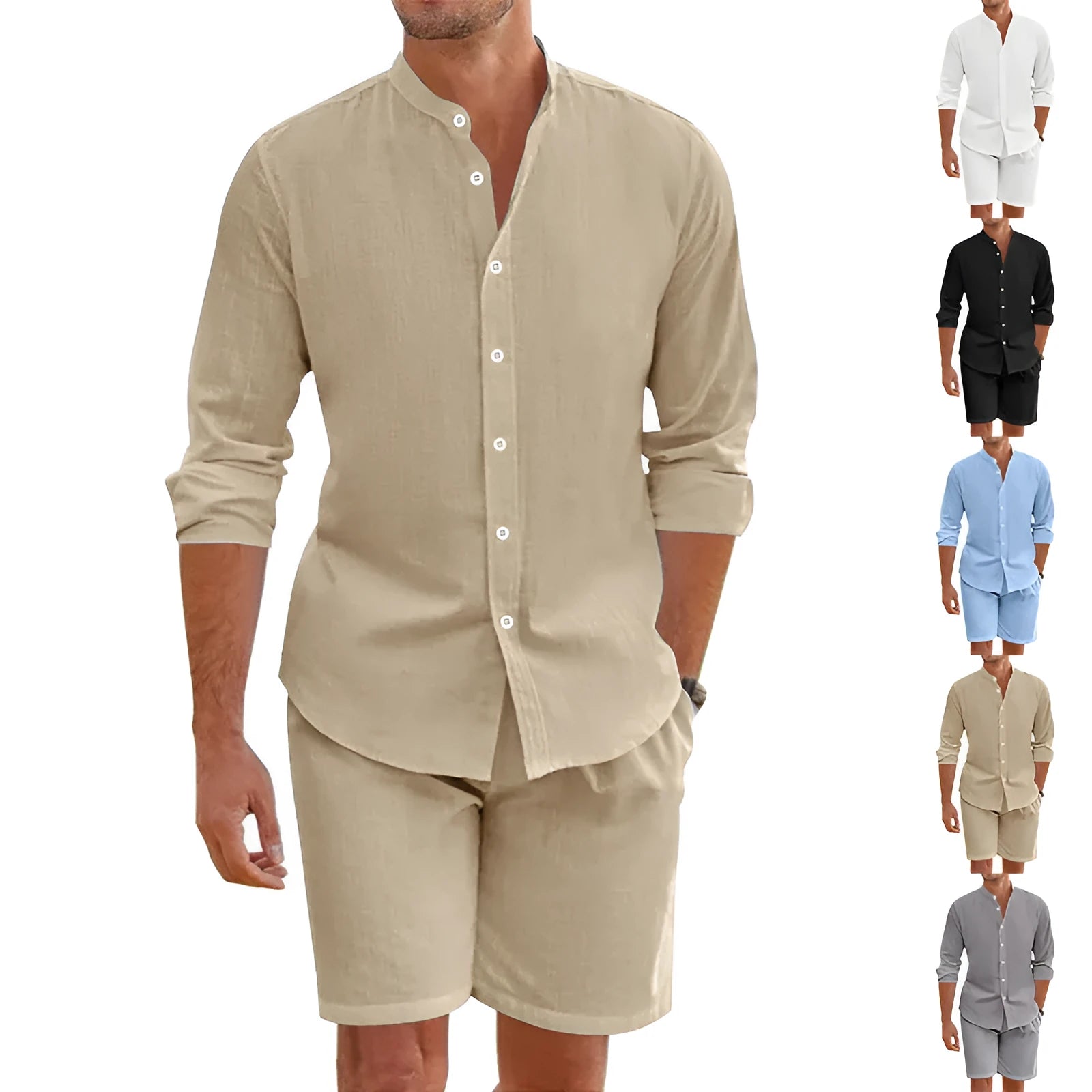 Men's hemp blend summer shirt suit two-piece set with lapel top and drawstring shorts