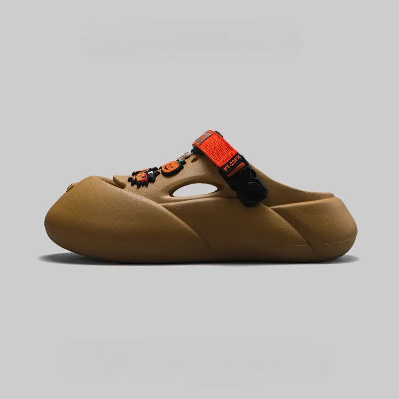 Men's grey baotou beach shoes with a soft EVA sole, shown on a sandy background.