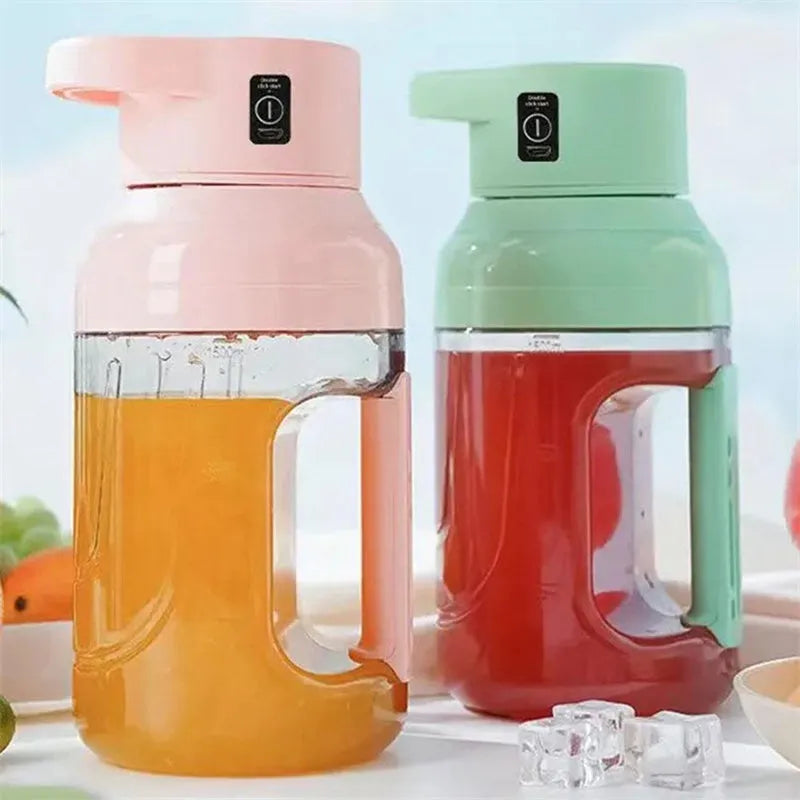 Portable 1500ml electric juicer with double handles and USB charging cable in emerald green