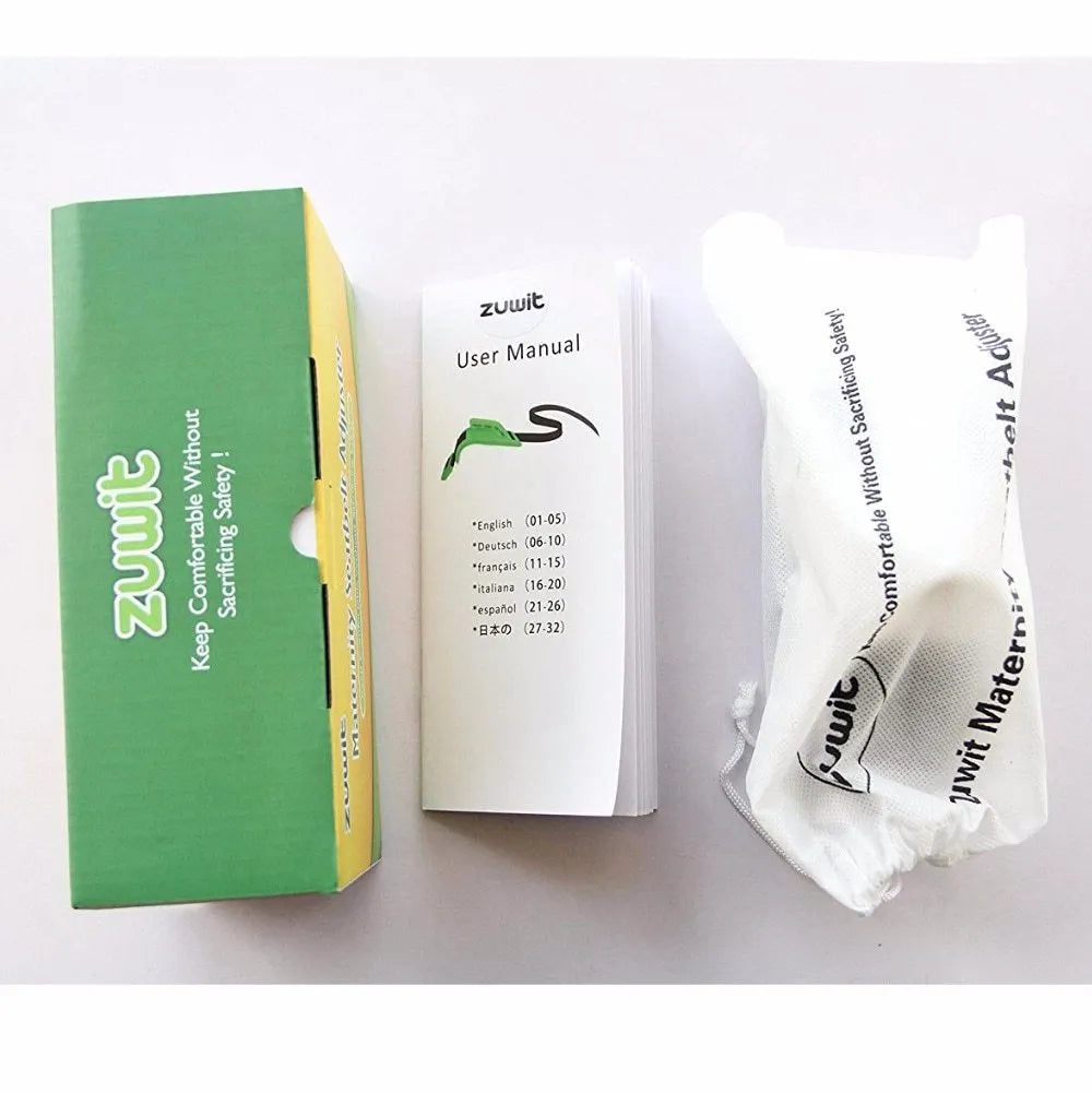 ZUWIT maternity car seat belt adjuster in white plastic attached to a seat belt, redirecting it away from the belly