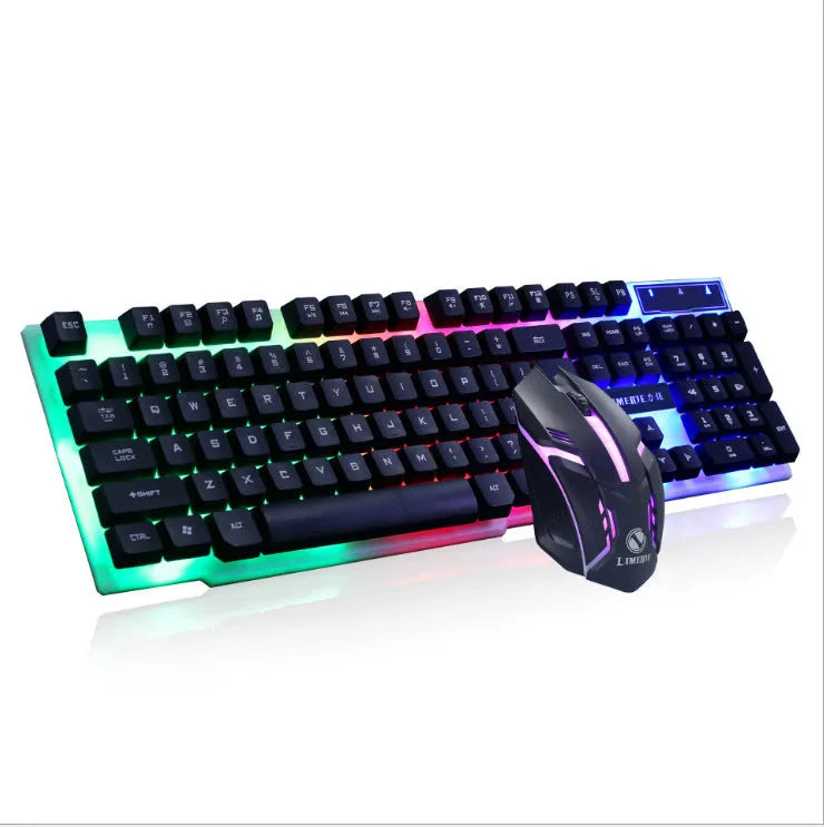 Limei GTX300 white and black backlit gaming keyboard and mouse set on a desktop