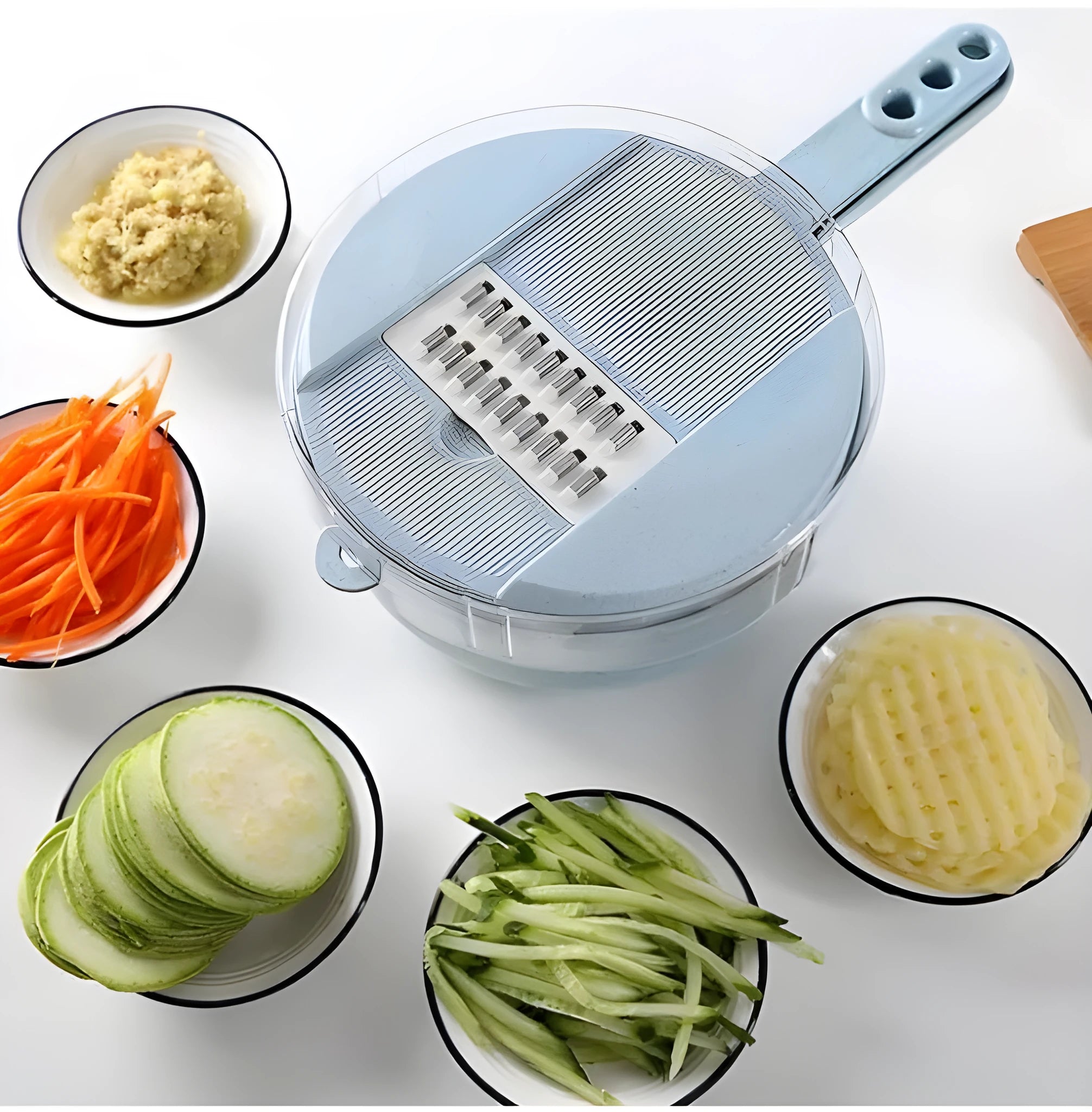 8-in-1 mandoline slicer with stainless steel blades, container, drain basket, and hand protector in blue