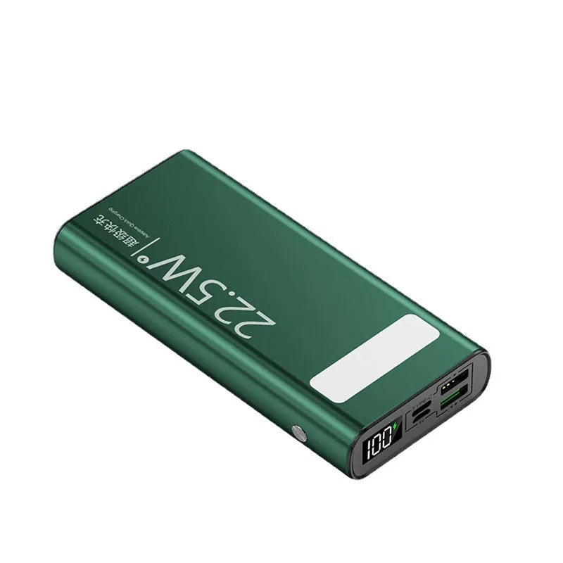 Alloy power bank with LCD display showing battery percentage, available in black blue green red colours
