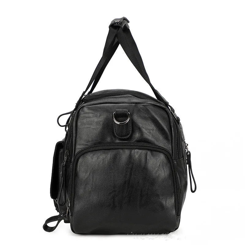 Large black PU travel bag with a dedicated shoe compartment, shown with dimensions of 52cm by 19cm by 27cm.
