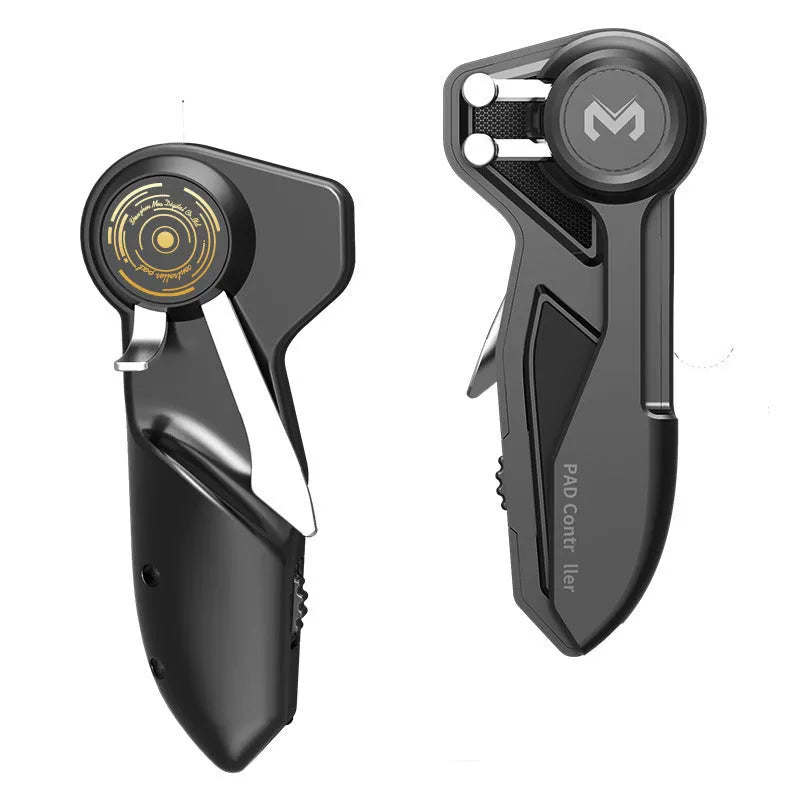 Black six-finger adjustable game controller for tablet and smartphone gaming.