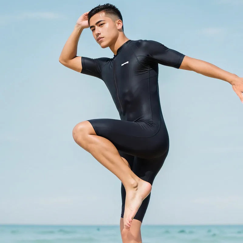Men's quick drying short sleeved one-piece swimsuit in solid colour Sharp Kiss Black Shark FLT001