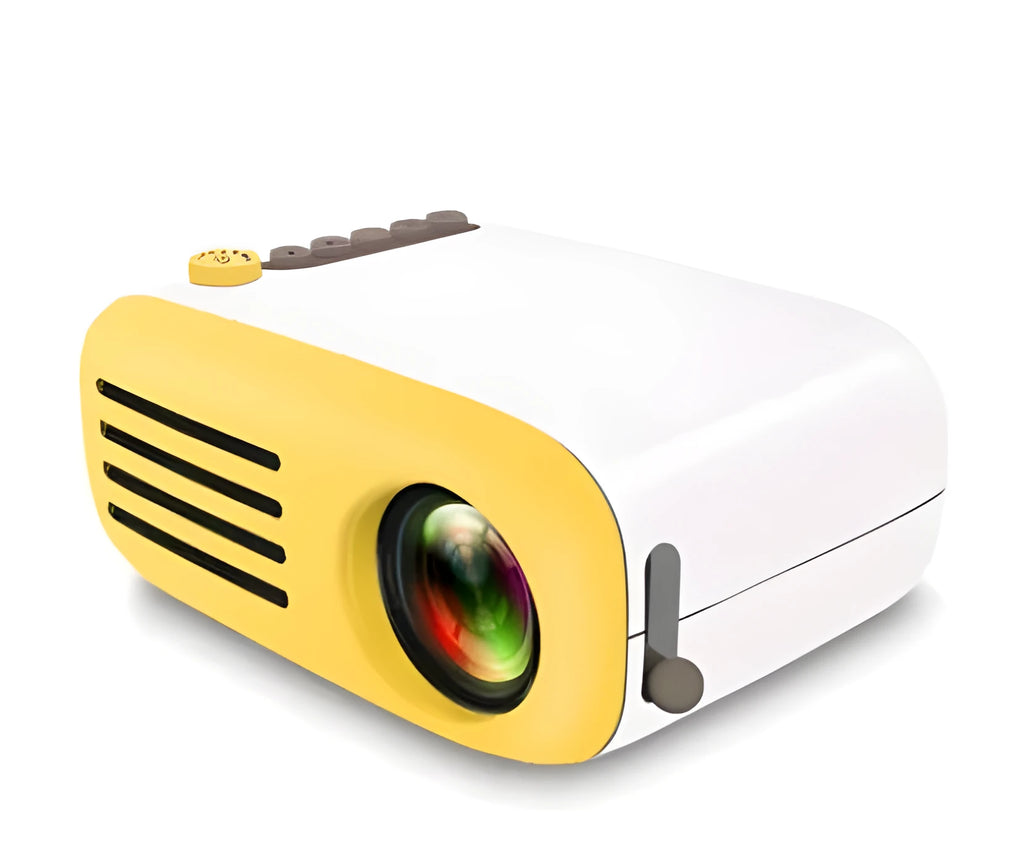 YG200 mini LED pocket projector with USB and HDMI ports, black casing, and optional battery pack