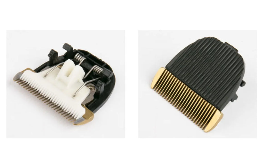 Dog shaver with titanium ceramic blade, 4 guide combs, charging cable, and accessories on white background