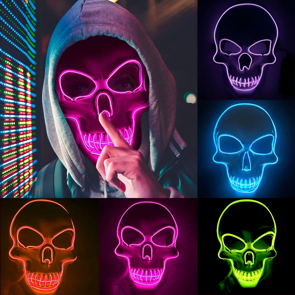 Halloween LED glow skeleton mask in blue with moulded plastic face fit and clip-on battery pack