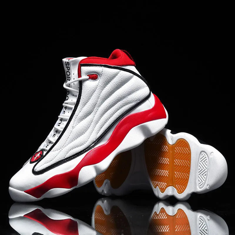 High-top basketball shoes in AJ13 colours with mesh upper and thick rubber sole on a white background