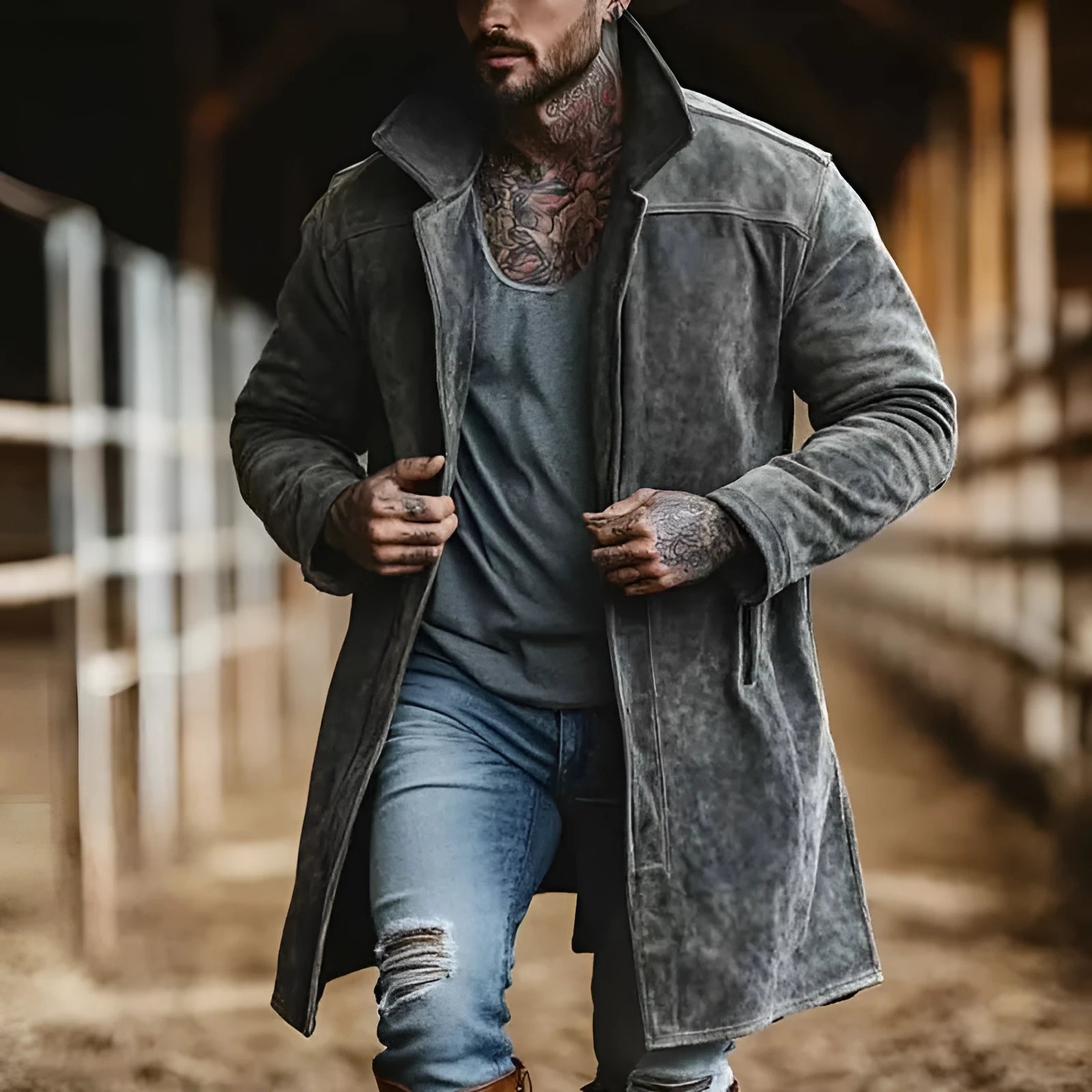 Men's stand collar mid-length coat in dark gray loose fit polyester fiber