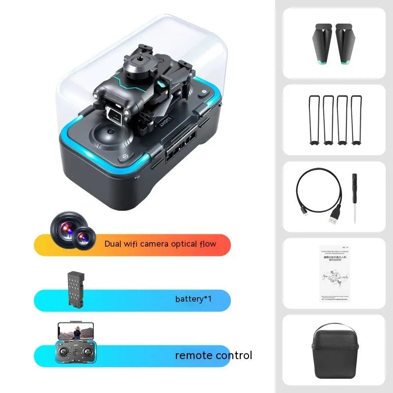 Black quadcopter drone with obstacle avoidance and 4K camera measuring under 30cm