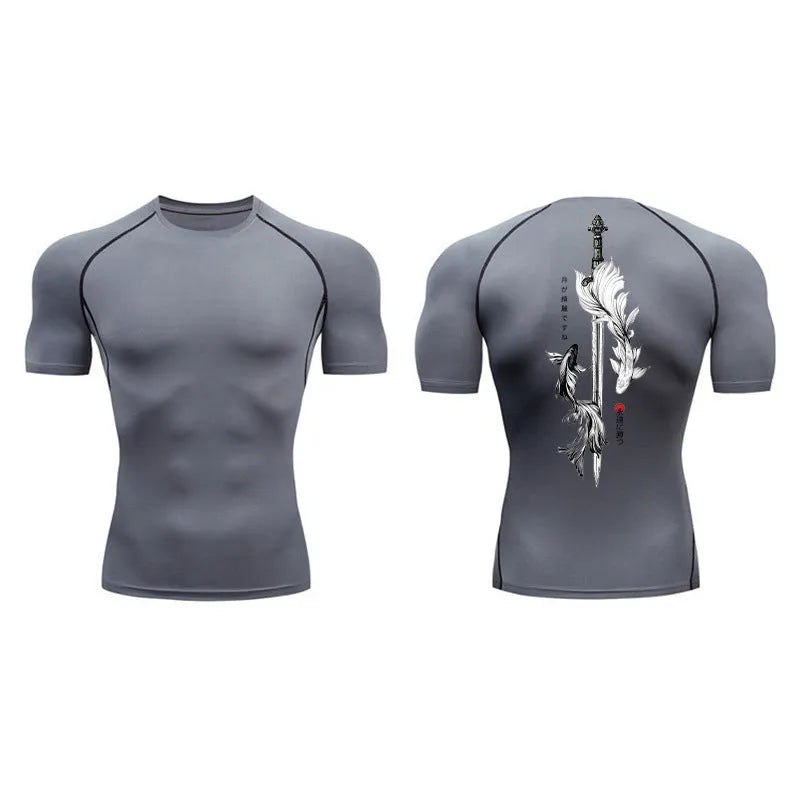 Men's sword printed short sleeve compression shirt in loose fit Asian sizing