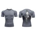 Men's sword printed short sleeve compression shirt in loose fit Asian sizing