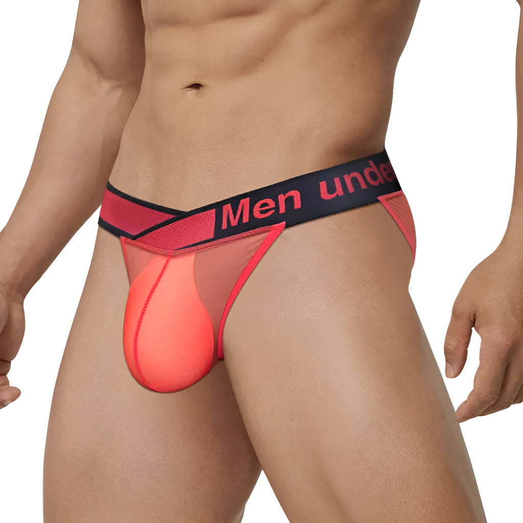 Men's black nylon briefs showing low waist and large V gradient high fork design