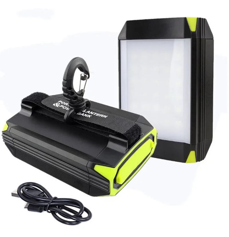 Rechargeable LED camping lantern with 5400mAh USB power bank, 30 LEDs, and nine light modes, black aluminium alloy and ABS body