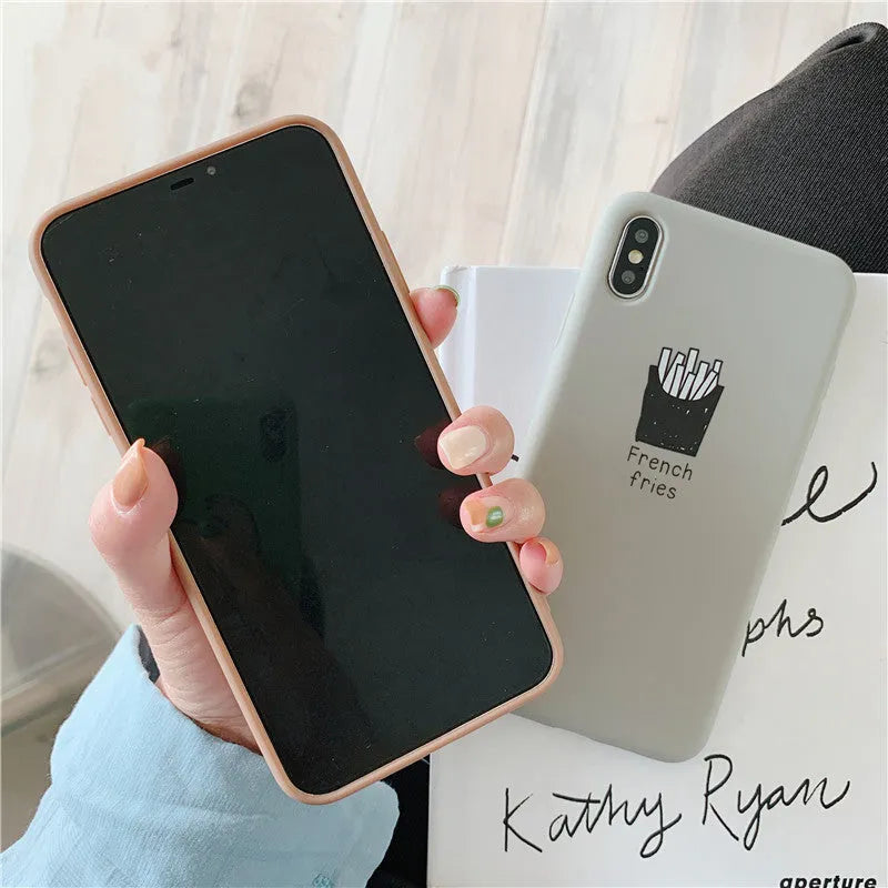 Soft matte silicone iPhone case showing ice coffee and french fries pattern designs